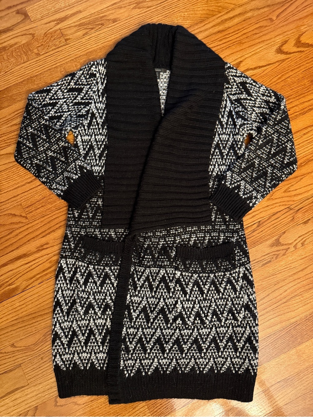 Long Wool/ alpaca blend Black and White Geometric Shawl Collar Sweater Cardigan